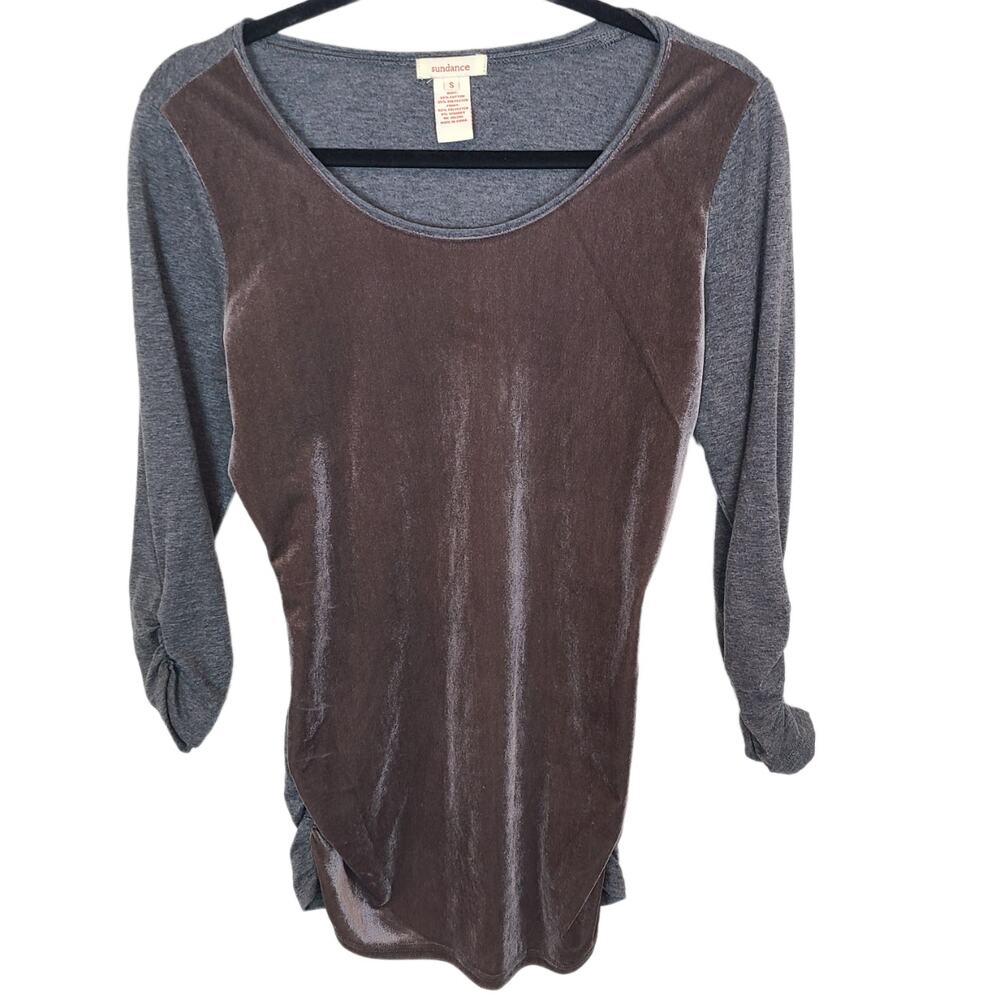 Sundance Womens Velvet Top Sz S Ruched Mixed Media Pullover Stretch Boho Hippie